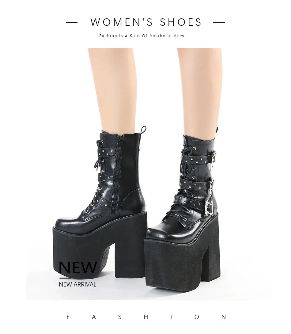 Gdgydh Lace up Chunky Heel Mid Calf Booties for Women Block High Heel Platform Combat Boots Gothic Metal Bat Gothic Shoes