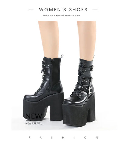 Gdgydh Lace up Chunky Heel Mid Calf Booties for Women Block High Heel Platform Combat Boots Gothic Metal Bat Gothic Shoes