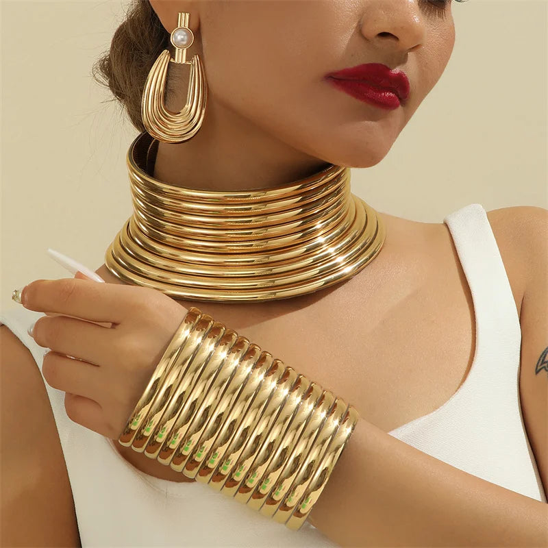 4pcs/set Vintage Leather African Jewelry Set Choker Necklace Bracelet Earrings Set For Women Collar Necklace Set Jewelry Gifts