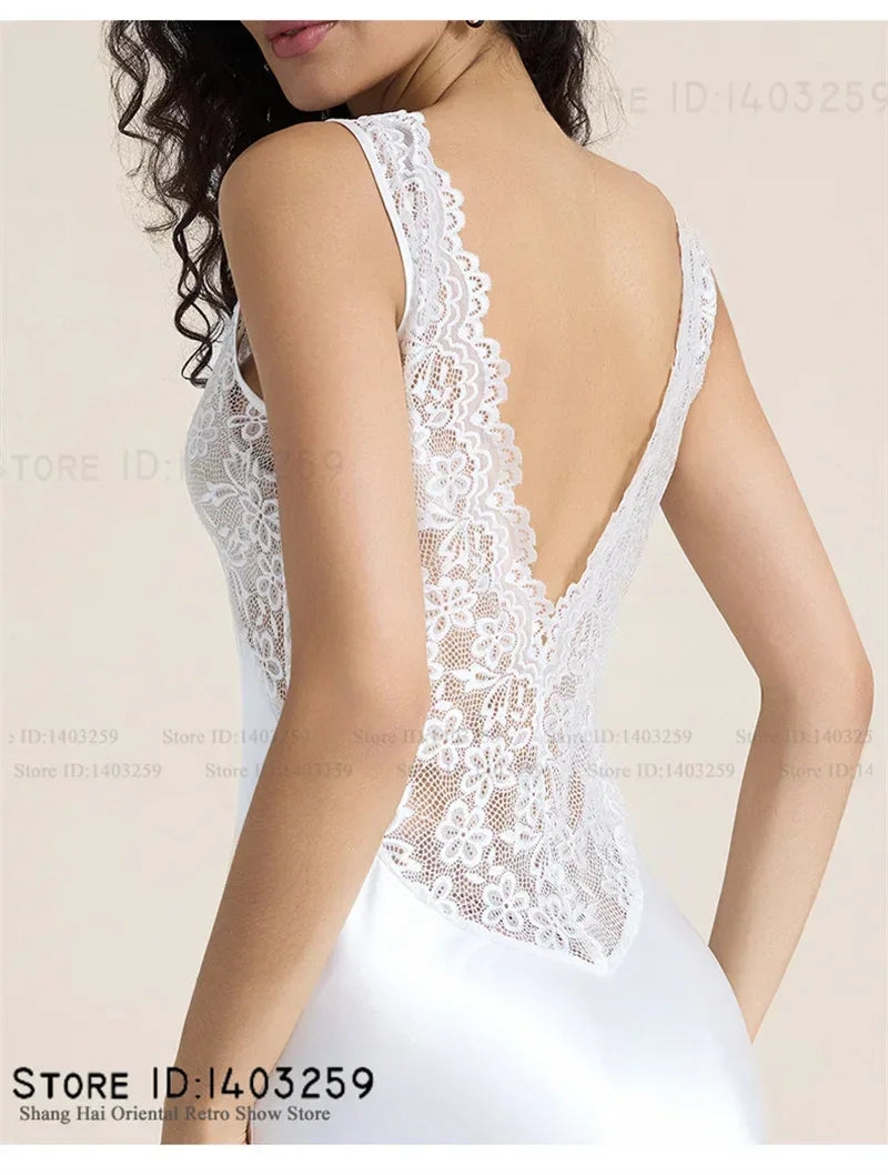 Elegant Female Long Nightgown Sleepwear Sexy Patchwork Lace Backless Nightdress Lingerie Summer New Silk Satin Homewear Nighty
