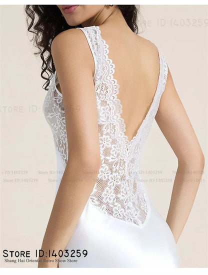 Elegant Female Long Nightgown Sleepwear Sexy Patchwork Lace Backless Nightdress Lingerie Summer New Silk Satin Homewear Nighty