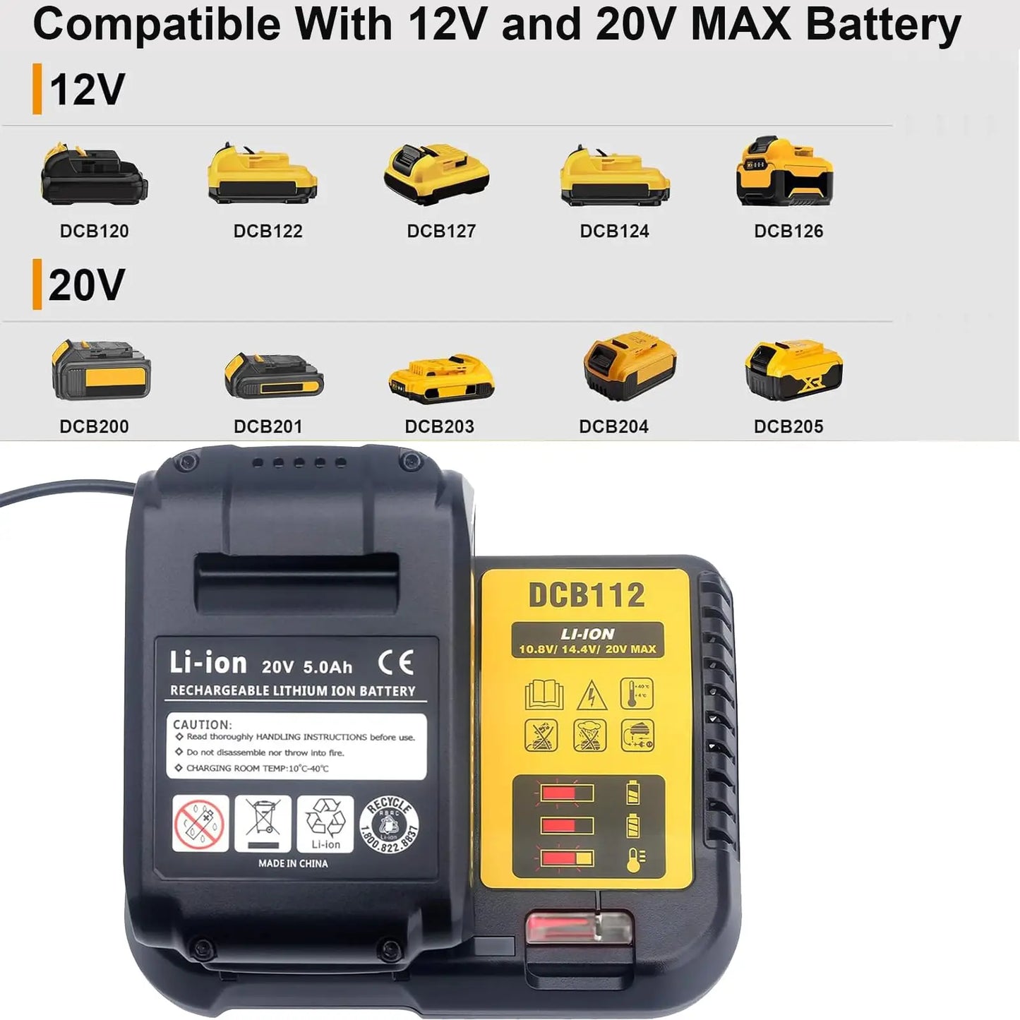 NEW Upgraded DCB112 Battery Charger For Dewalt 10.8V 12V 14.4V 18V 20V DCB206 DCB205 DCB204 DCB203 DCB120,DCB107 DCB115 DCB105