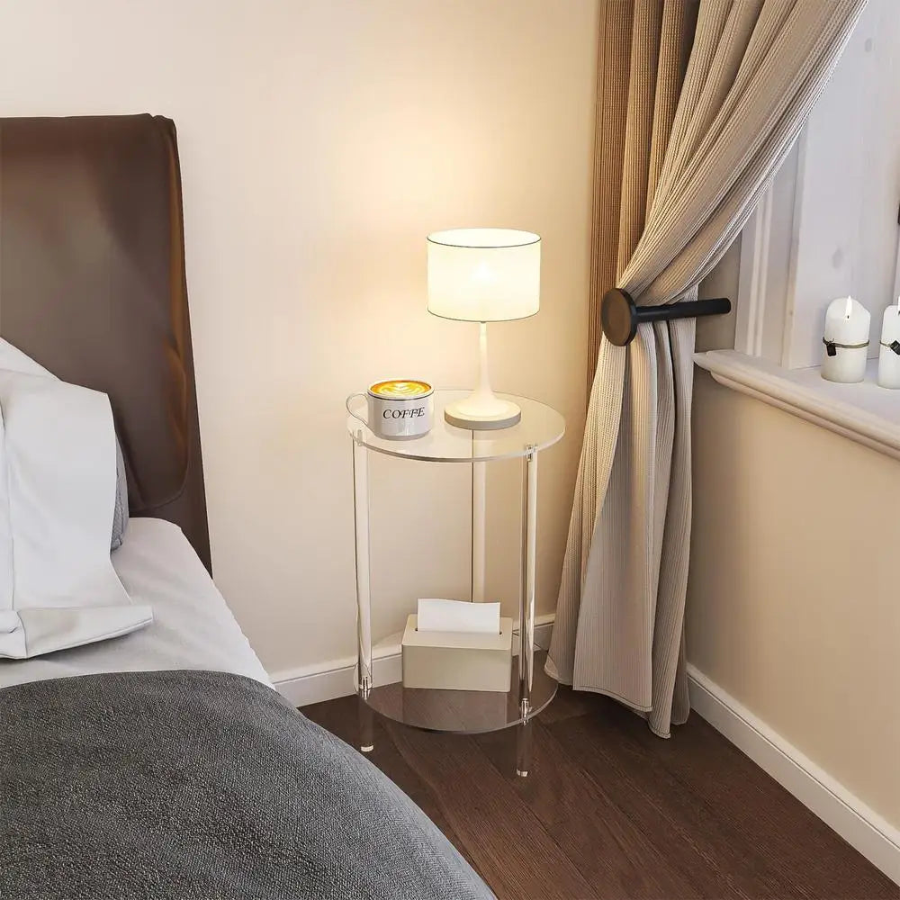 Table d'appoint ronde moderne en acrylique, idéale pour les petits espaces. Petite table d'appoint ronde transparente pour la décoration du salon et de la chambre.