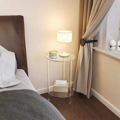 Table d'appoint ronde moderne en acrylique, idéale pour les petits espaces. Petite table d'appoint ronde transparente pour la décoration du salon et de la chambre.