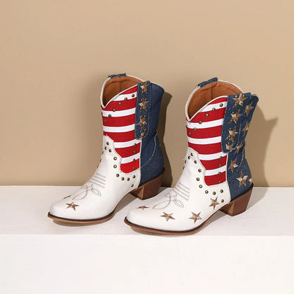 Women's Cowboy Western Boots USA Flag Ankle Booties Denim Studded Rivets Embroidery Stars Stripes Heeled Shoes 2024 New Footwear