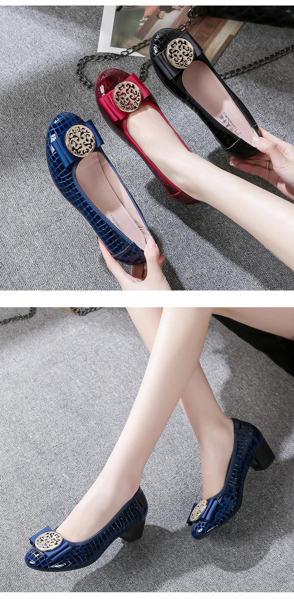 Spring and Autumn Boat Shoes Genuine Leather Soft Sole Mid-Heel Shoes Bow Heels Ladies Women Womens Round Toe Slip-on Women's 42