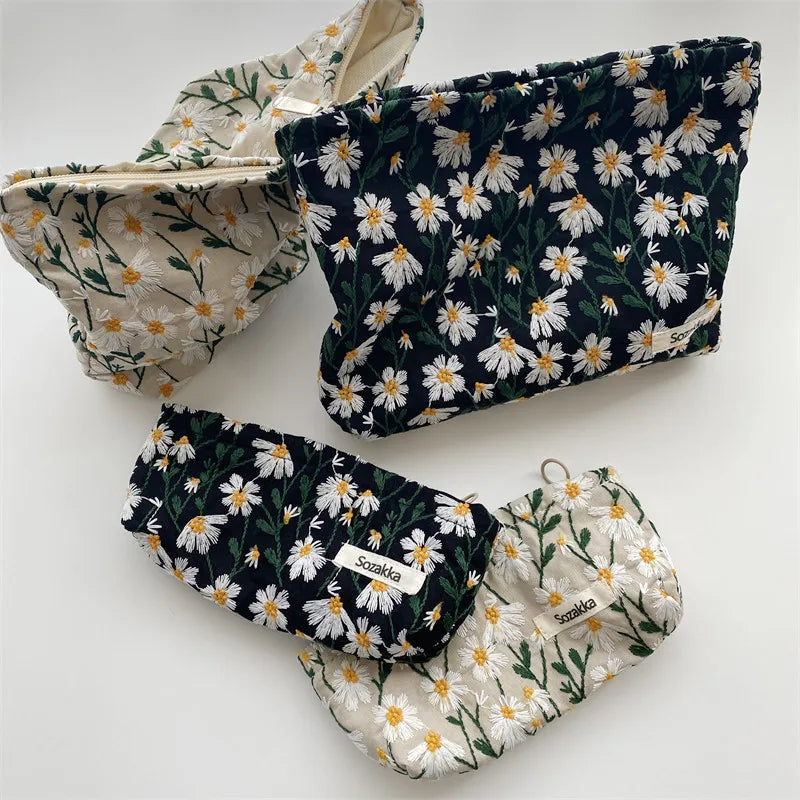 Cosmetic Bag Women Floral Makeup Case Organizer Korean Embroidery Cosmetic Pouch Travel Toiletry Bag Corduroy Canvas Beauty Case