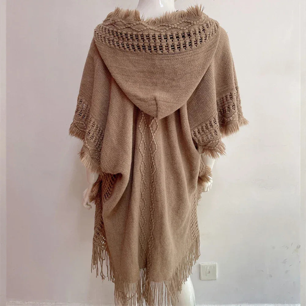 Women Knitted Cape Shawl Wrap Cloak Ethnic Hooded Poncho Hoody Jumper Sweater Tassels Dropshipping