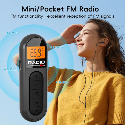 [Mini Portable FM Radio] Rechargeable Mini Portable FM Radio with Clip - Suitable for Meetings, Tours- Comes with Earphones