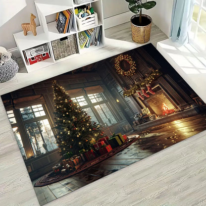 Happy New Year Merry Christmas Tree Santa Claus Cartoon Gift Carpet Rug for Bedroom Living Room Sofa Home Doormat Decor,Non-slip