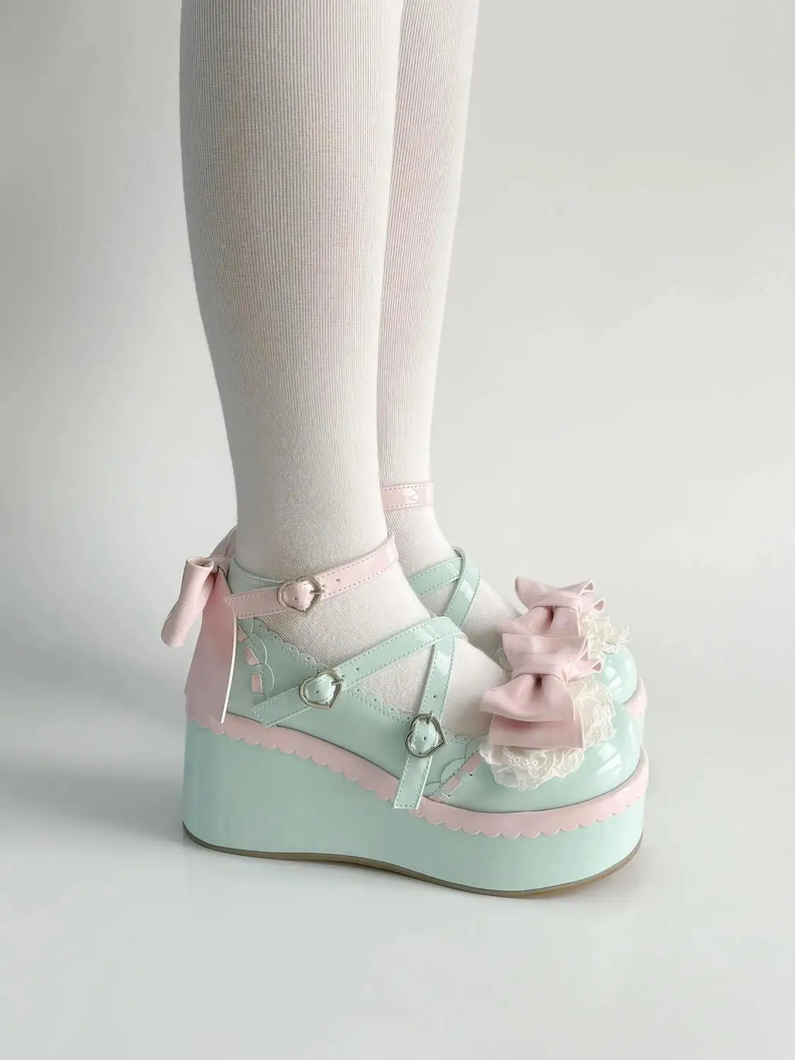 Sweet Lolita Style Girls Flat Platform ,Female Students Cute Bowknots Mary Jane Ankle Strap Elevator Shoes