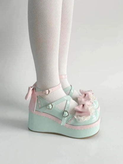 Sweet Lolita Style Girls Flat Platform ,Female Students Cute Bowknots Mary Jane Ankle Strap Elevator Shoes
