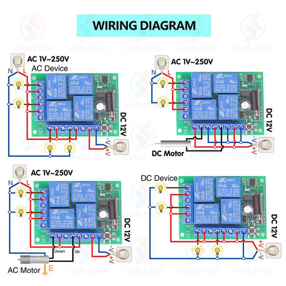433Mhz Universal Wireless Remote Control Light Switch DC 12V 4CH RF Relay Receiver 60m Range for Light/Garage Door/LED DIY