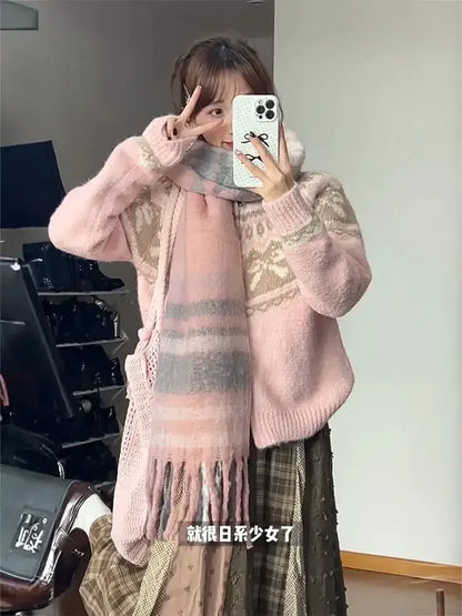Cardigan Women Sweet Preppy Style Sweater Jacquard Knitted Soft Gentle Stylish Autumn Winter Outwear All-match Harajuku Chic