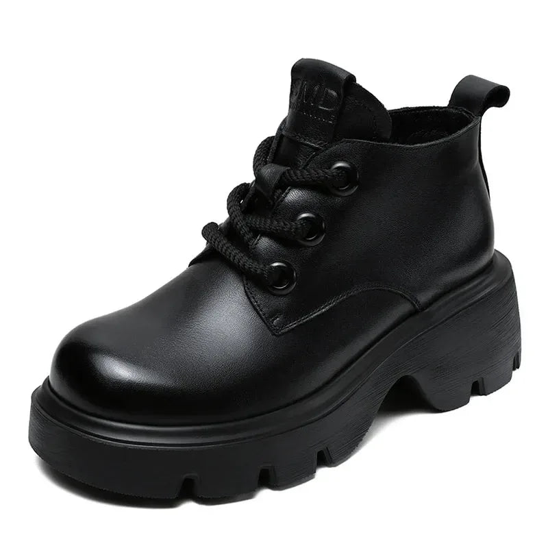 DRKANOL Luxury Design Genuine Leather Ankle Boots For Women Platform Casual Short Boots Women Winter Thick High Heel Warm Shoes