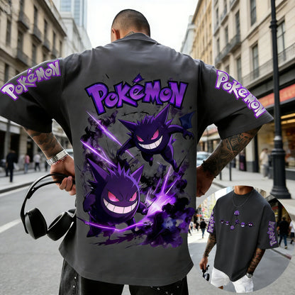 Men's T Shirt Sports T Shirt Short Sleeve T Shirt Purple Gengar Back Print Red Eyes Sharp Teeth with Smoke Sleeve Patterns