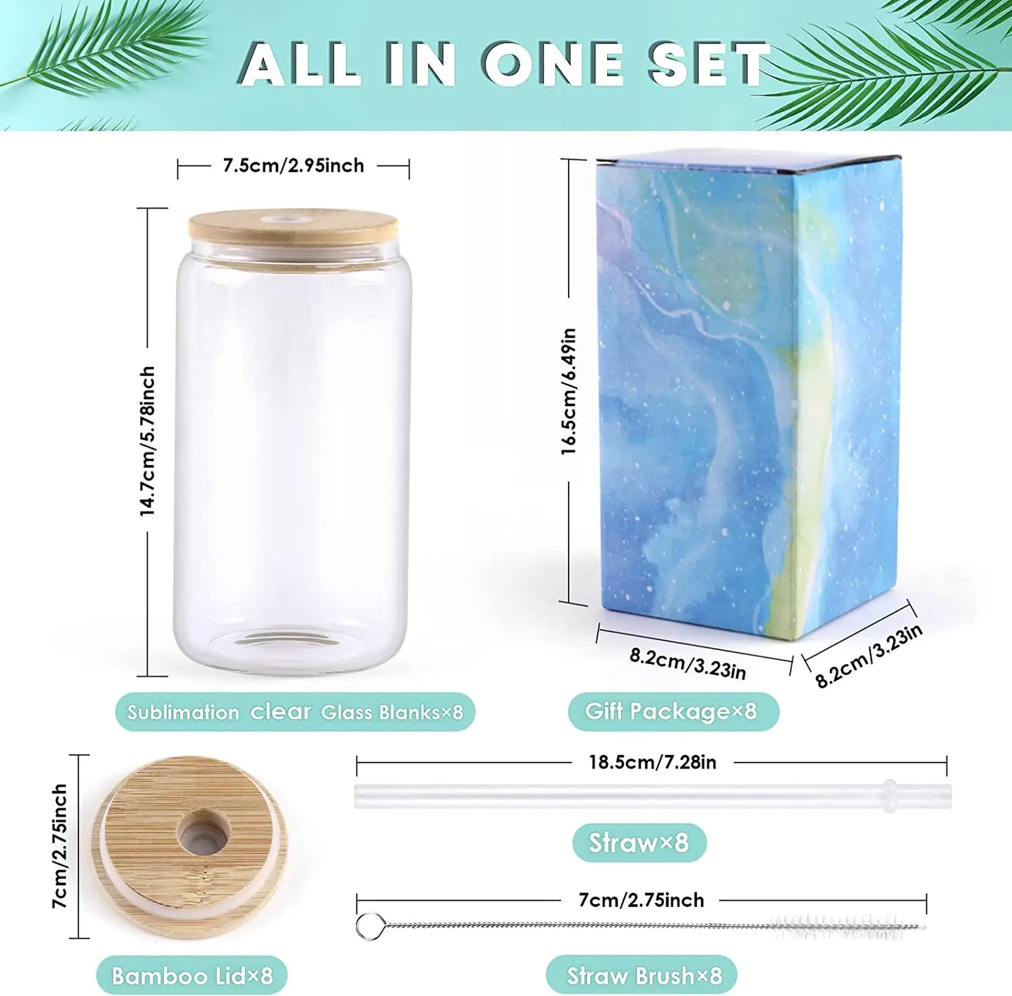 HTVRONT 8 Pack 16OZ Frosted/Clear Glass Sublimation Tumblers with Bamboo Lid Sublimate Tumbler Blanks DIY for Iced Coffee Cups