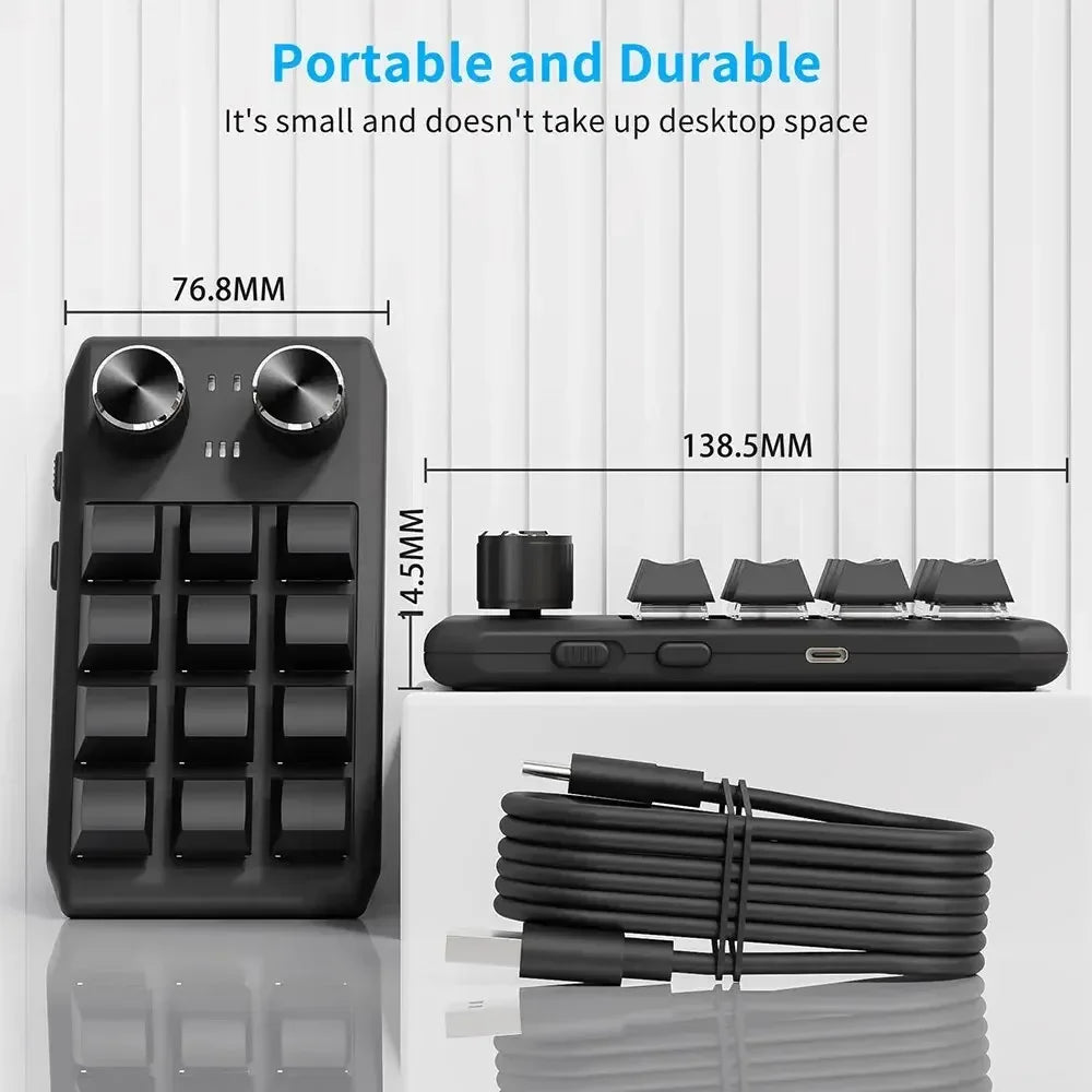 12 Key 2 Knob Mini Macro Custom Keyboard Bluetooth/3 Modes Programming Mechanical Keyboard Gaming Drawing Switch Hot-swap Keypad