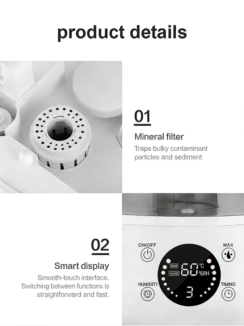 3000mL Smart Air Humidifier with Dual Mist Output: Essential Oil Aroma Diffuser for Home & Office, Equipped with Adjustable Fog
