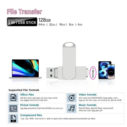Rotate USB 3.0 Flash Drive 8GB 16GB with 3-in-1 Type-C to Lightning Interface 32GB Pendrive for iPad 11/12/13/14