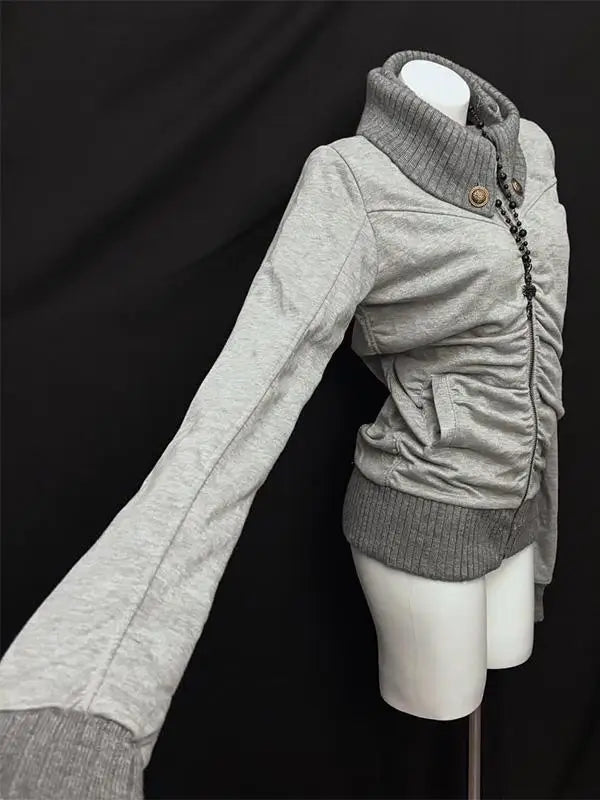 American Street Style Retro Pleated Turtleneck Zipper Hoodie Womens Grey Oversized Hoodie with Ribbed Cuffs Y2K Style Jacket