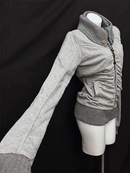 American Street Style Retro Pleated Turtleneck Zipper Hoodie Womens Grey Oversized Hoodie with Ribbed Cuffs Y2K Style Jacket