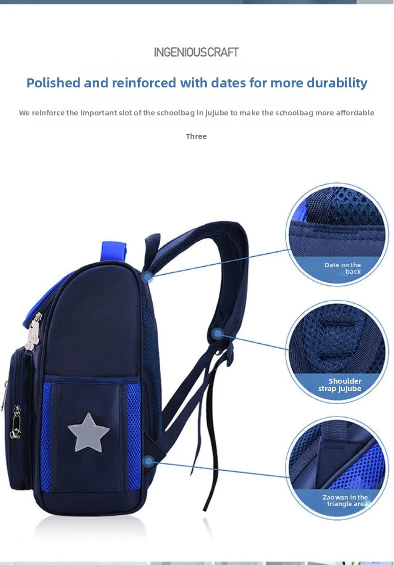 Lightweight Kids Backpack 1 3 6 Grade Spine Protection Reflective Space School Bag for Elementary Students