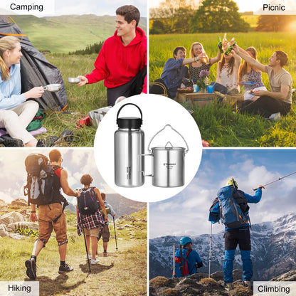TOMSHOO 1.05L Stainless Steel Water Bottle Leak Proof Sports Bottle W 750ml Water Cup Coffee Mug Hanging Pot for Outdoor Camping