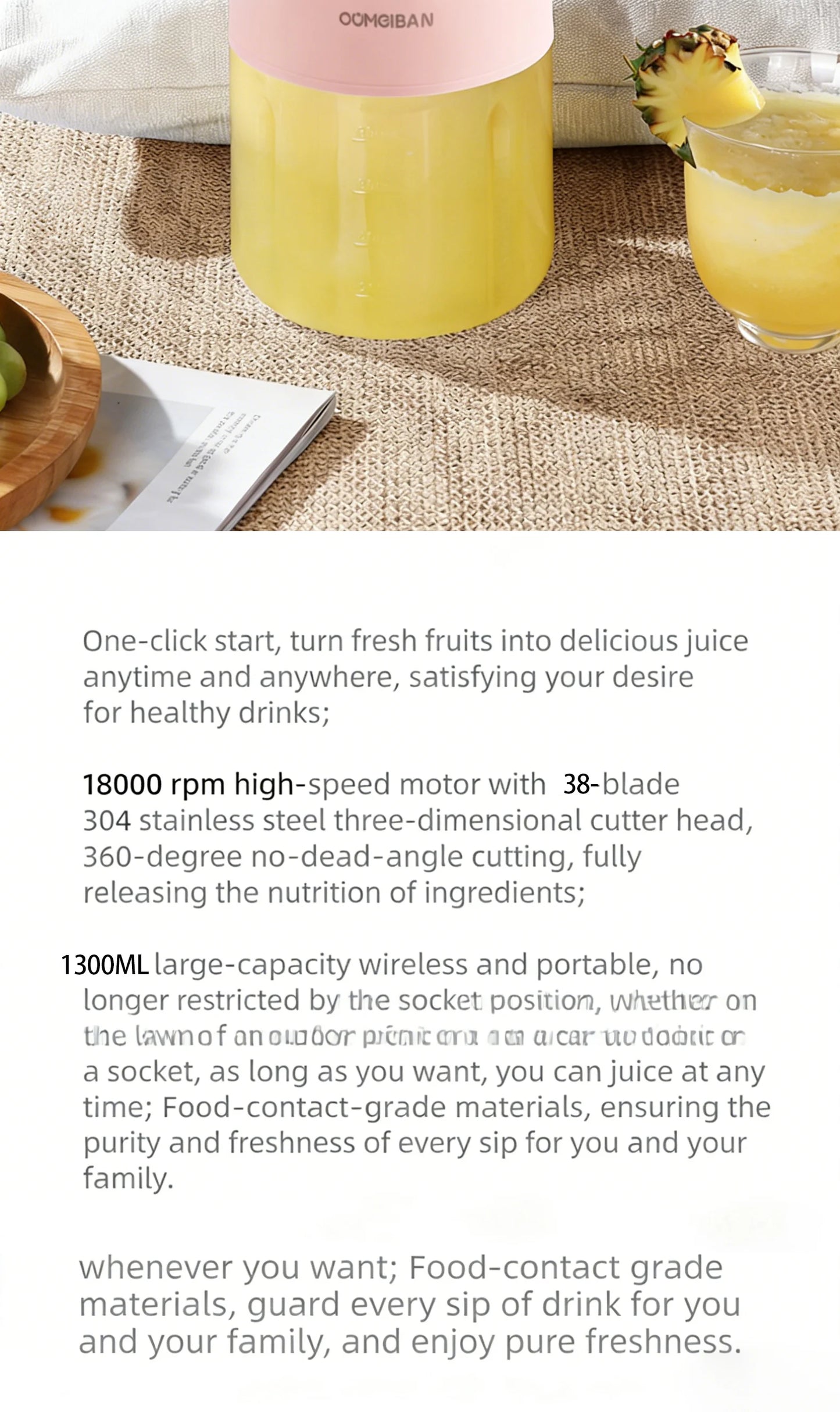 High Aesthetic 1300ml Large Capacity USB Rechargeable Portable Blender Juicer, Kitchen Fruit Juicer, Food Prep