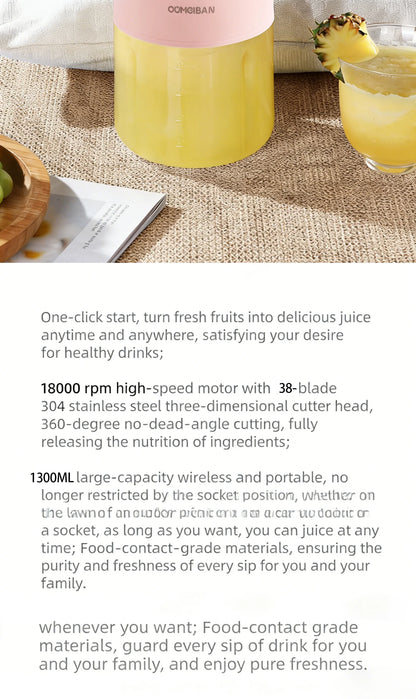 High Aesthetic 1300ml Large Capacity USB Rechargeable Portable Blender Juicer, Kitchen Fruit Juicer, Food Prep
