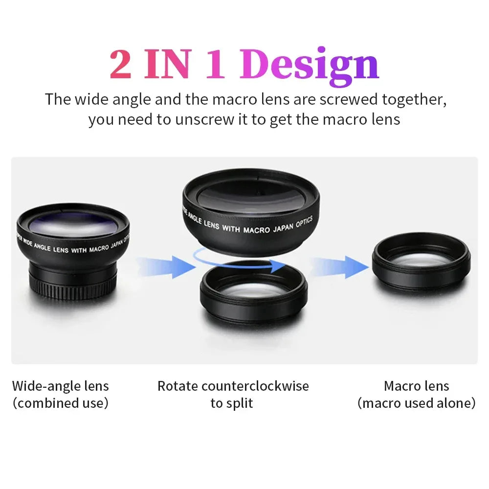 Professional 2 in 1 Lens Universal Clip 37mm Cell Phone Lens 0.45x 49uv Super Wide Angle + Macro HD Lens for All Smartphones