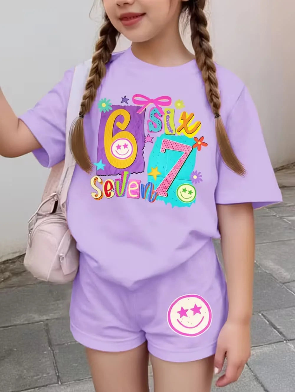 67 Six Seven Girls Clothes Cute Bows Flowers Print Girls Short Sleeve T-Shirt + Pants Set Casual Fashion Children's Clothes Tops