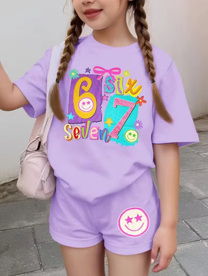 67 Six Seven Girls Clothes Cute Bows Flowers Print Girls Short Sleeve T-Shirt + Pants Set Casual Fashion Children's Clothes Tops