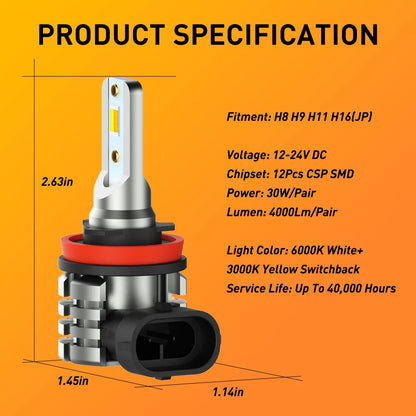 AUXITO 2Pcs L6 LED H8 H11 Yellow White Fog Light Dual Color 3000K 6000K Canbus DRL Daytime Running Light Bulb Fog Lamp 12V CSP