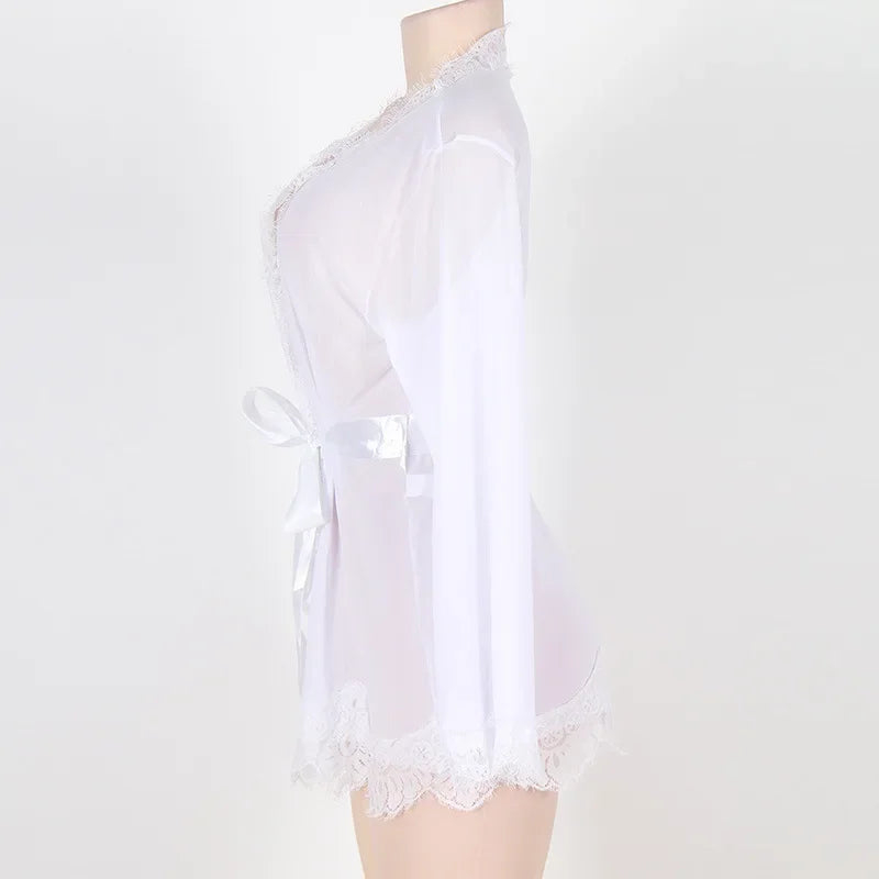 Women's Sheer Lace Kimono Robe, Long Sleeve V-Neck Belted Soft Bridal Wedding Lingerie Nightwear Multi-color