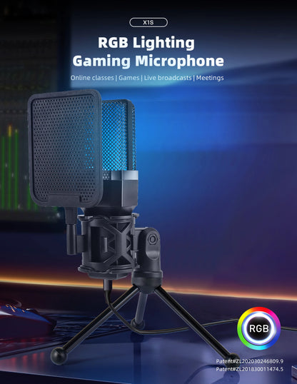 Professional Microphone Condenser Gaming Mic PC Laptop Computer USB Wired Streaming Studio Podcast Mike Kit Gamer RGB PC Karaoke