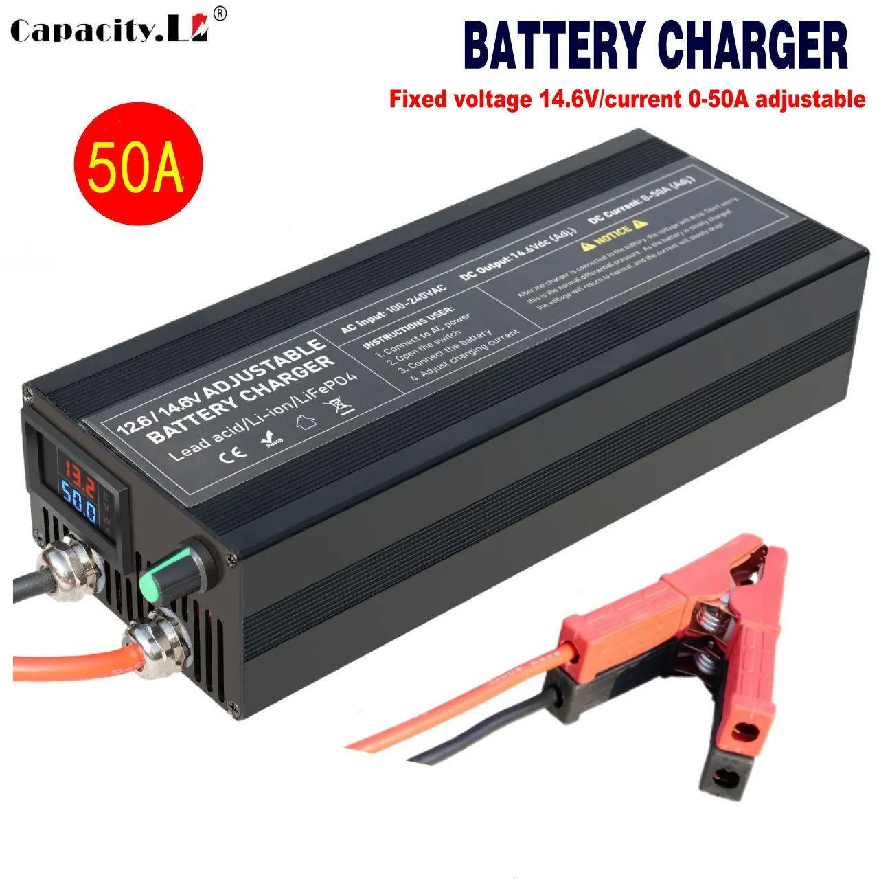 Portable 12V100A Lifepo4 Battery Charger 40A 50A Lithium Battery Charger 60A 85A with Adjustable Voltage and Current Anderson