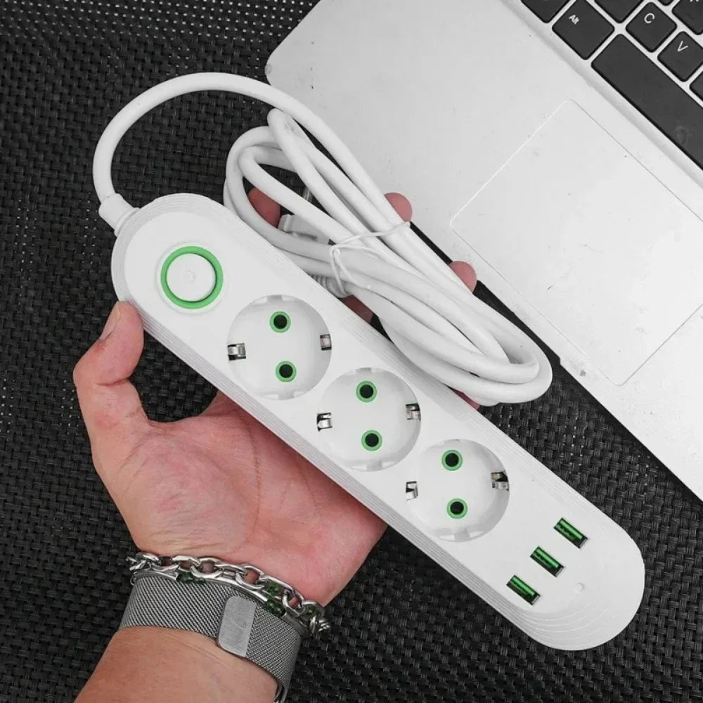 EU Power Socket 2m Cable 3USB Jack 3/4/5 Holes 2500W Power Strip AC Outlet with Extension Cord Max 2.1A Charging Adapter Socket