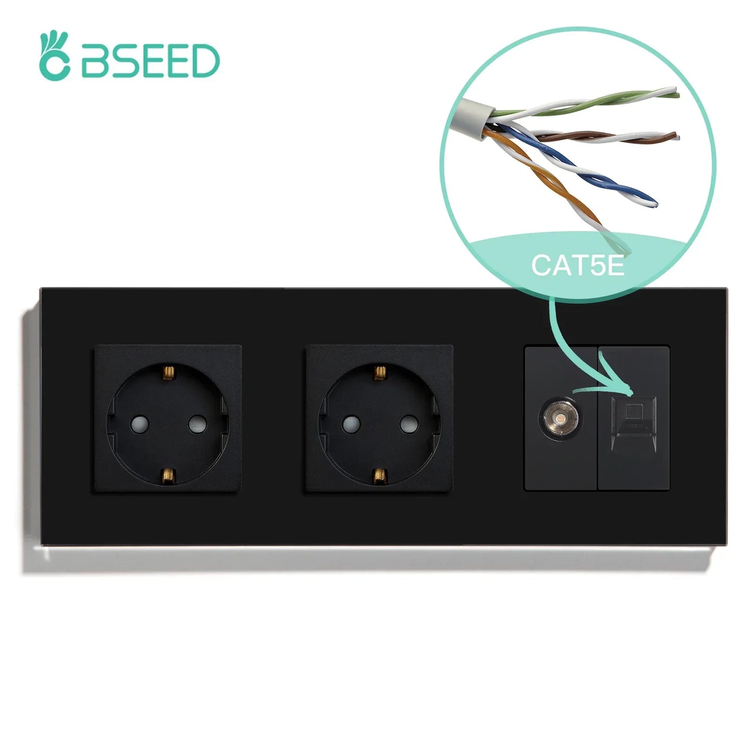 BSEED Single TV CAT5 Internet Socket Double EU Power Socket Triple Germany  With RJ45 Television Wall Sockets Glass Frame