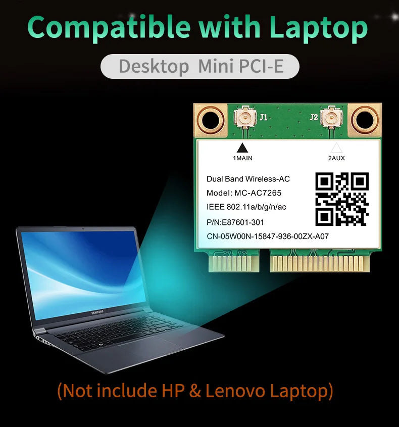 MC-AC7265 1200Mbps Bluetooth 4.2Mini PCI-E Interface 2.4G 5Ghz Wifi Card For Laptop