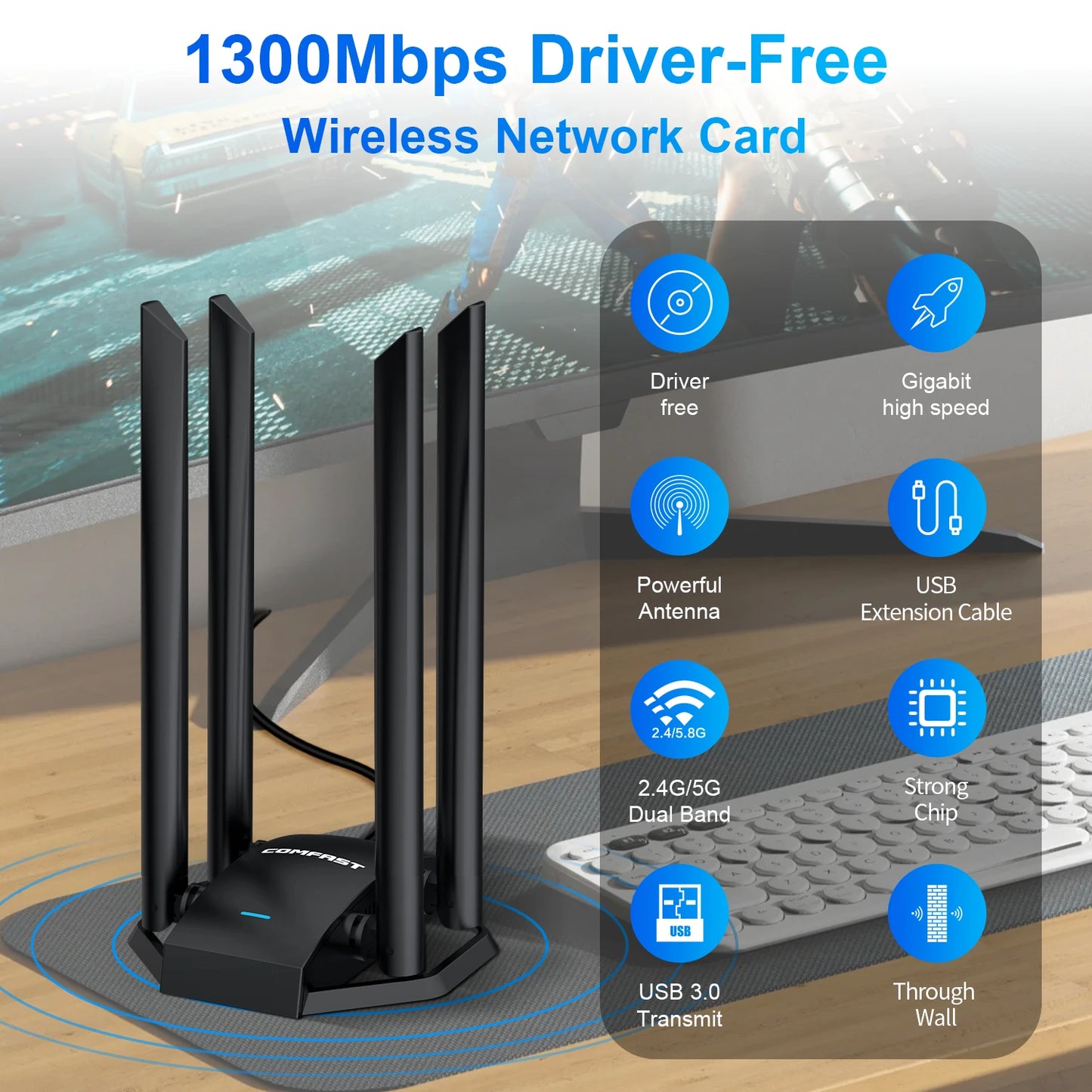 COMFAST 1300M Adaptador Wi Fi Banda Dupla Sem Fio 2.4G/ 5GHz 4 Antenna USB3.0 Wireless USB Placa Wifi Pra PC  Kali Linux Adapter