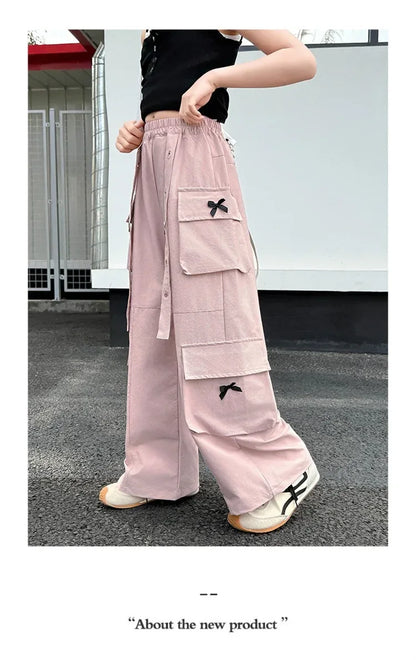 Kids Cargo Pants with Side Pocket for Tweens Girl High Fashion Hip Hop Bow Trousers Child Street  Pink Black Trackpants Hot Sell