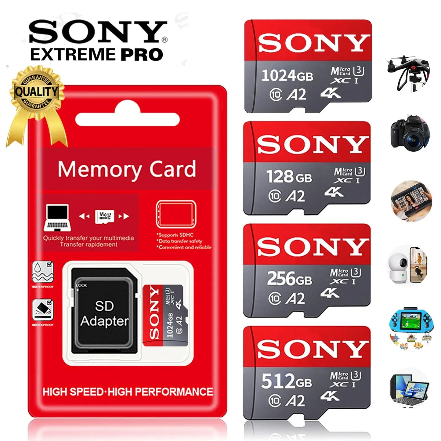 SONY SD Memory Card Extreme Micro Mini SD Card 1TB 512GB128GB 256GB 32GB 64GB U3 A2 TF Flash Cards for Xiaomi Phone Camera PC