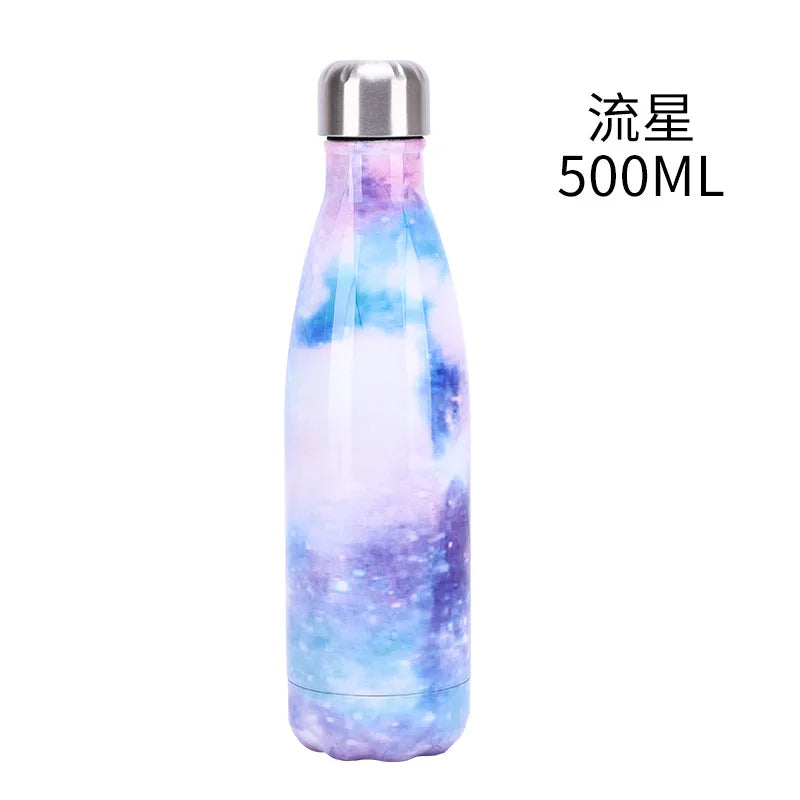 500ml Cola Shape Insulated Bottle, 304 Stainless Steel Vacuum Flask, Marble/Print Portable Water Bottle
