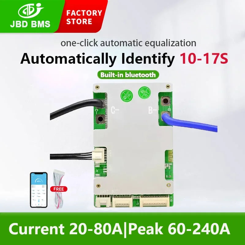 JBD Smart BMS LiFePo4 12S 36V 16S 48V 20A 40A 50A 60A 80A Li-Ion BMS 10S 13S 14S 16S 17S Balance Protection Board Built-in BT