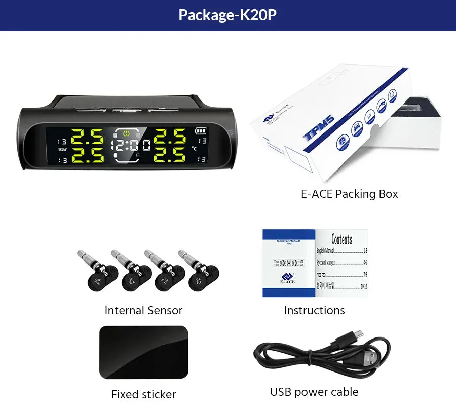 Wireless Solar Charging TPMS Real-time Monitoring with Electronic Clock Display 4 Sensors Tire Pressure Monitoring System