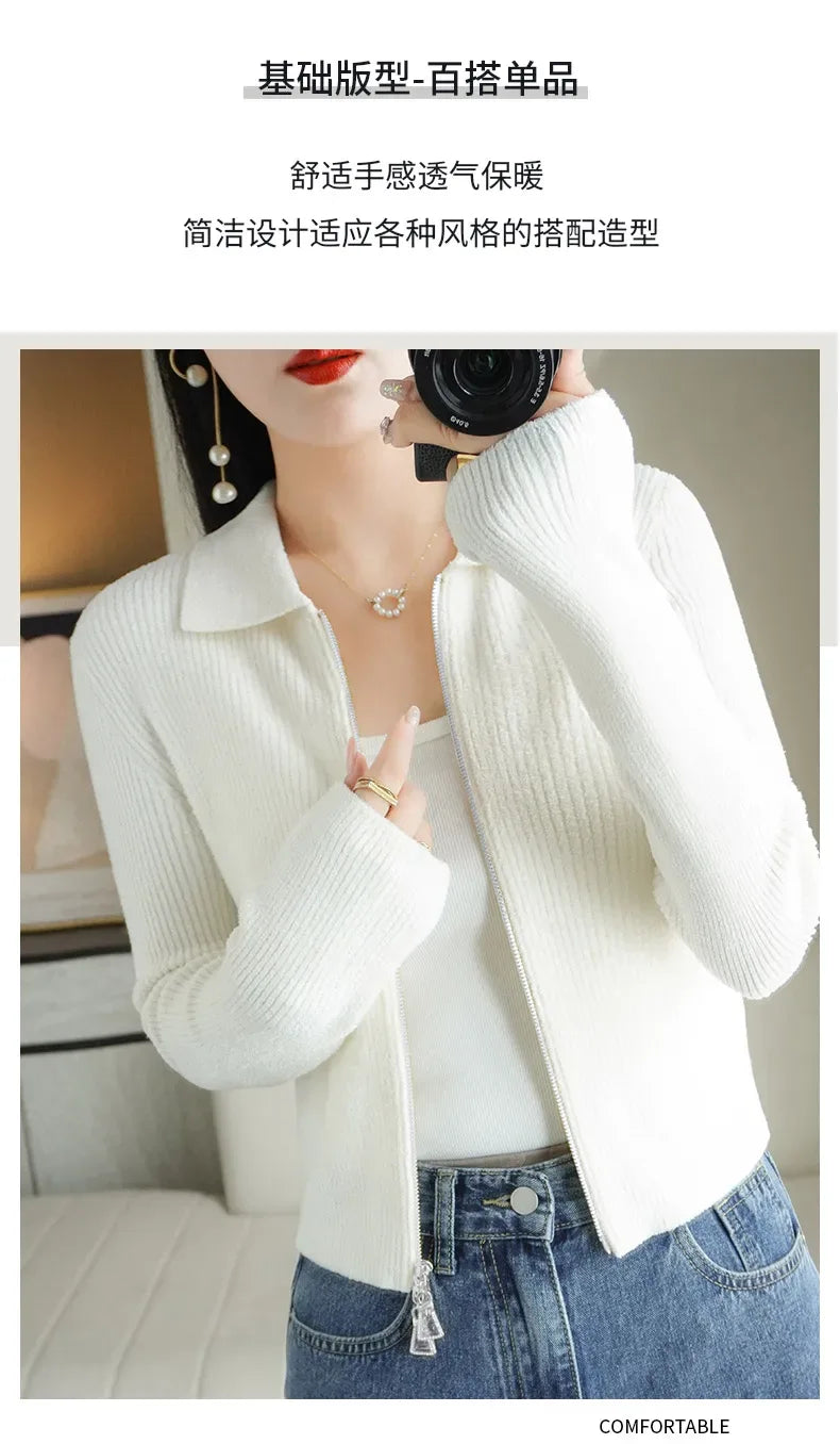 Women Autumn Winter Soft Wool Sweater Polo Collar Thicken Knitted Double Zipper Cardigan Basis Short Top Cashmere Female Coat