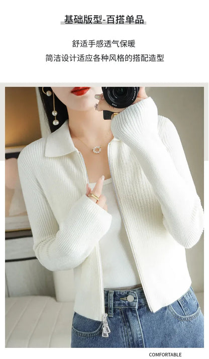 Women Autumn Winter Soft Wool Sweater Polo Collar Thicken Knitted Double Zipper Cardigan Basis Short Top Cashmere Female Coat