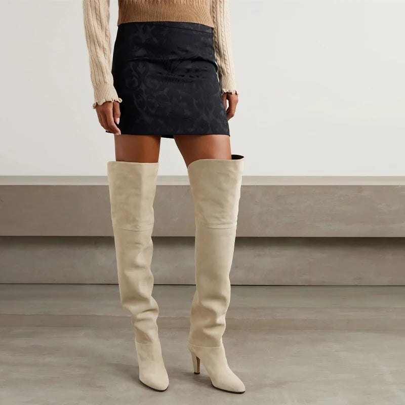 Autumn and Winter Women's Thick High-heeled Knee High Boots, Round Headed Cowhide Suede Fashionable Women's Plus Size Boots