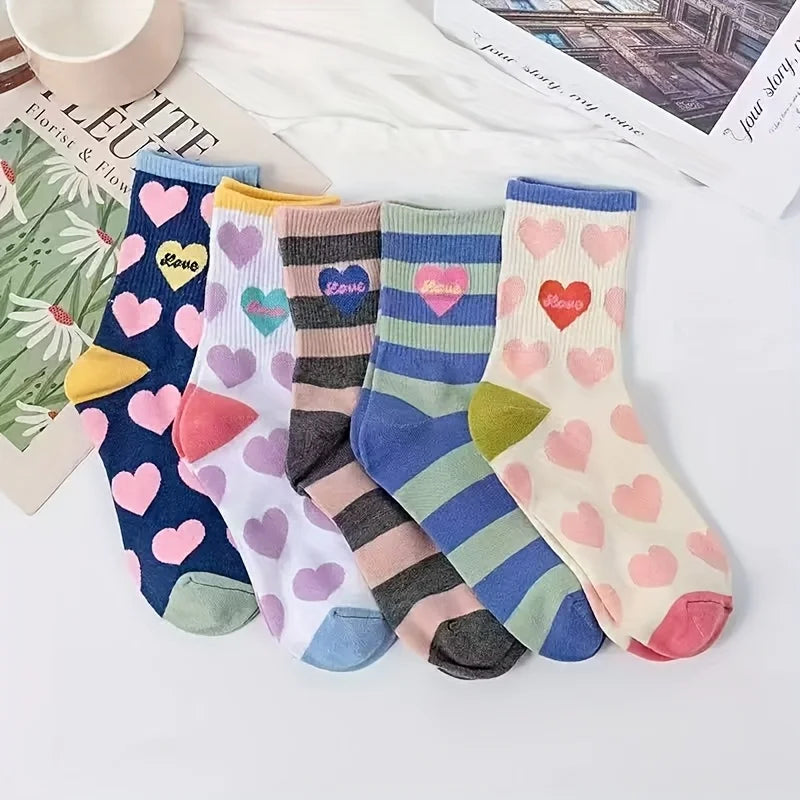 5 Pairs Dopamine Sweet Heart Striped Women Mid Tube Socks Fashionable Korean College Style Comfortable All Season Casual Socks
